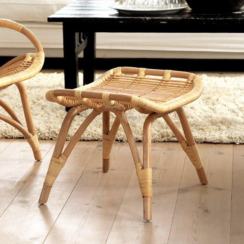 Real Rattan Chair Balcony Leisure Lounge Rocking Chair and Stool
