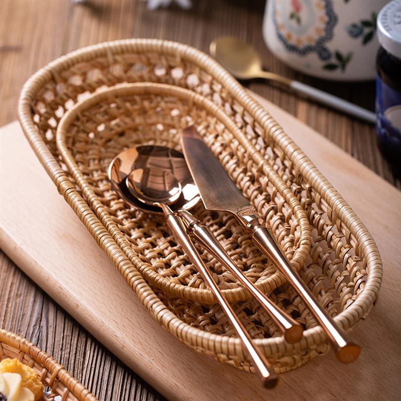 Set of 2 Hand-Woven Wicker Basket Rattan Storage Tray