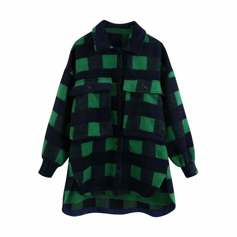 Plaid Woolen Shirt Jackets Women Fashion Pockets Turn-down