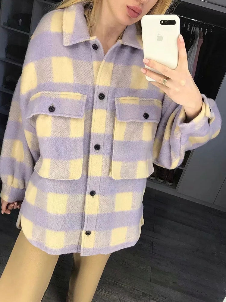 Plaid Woolen Shirt Jackets Women Fashion Pockets Turn-down