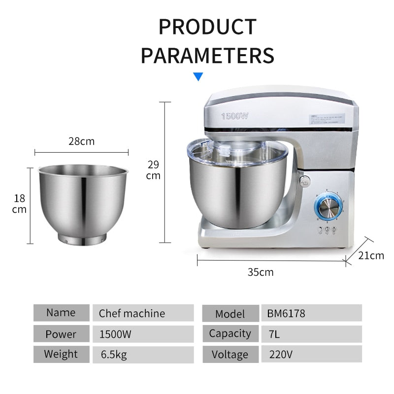Commercial Stainless Steel 1500W Dough Stand Mixer 7L