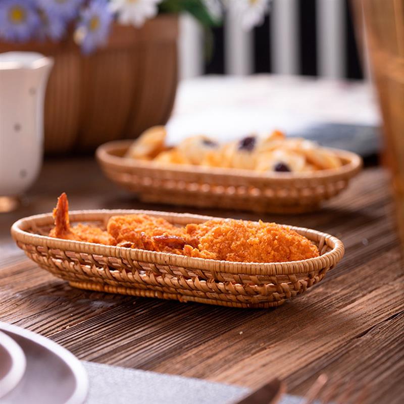 Set of 2 Hand-Woven Wicker Basket Rattan Storage Tray