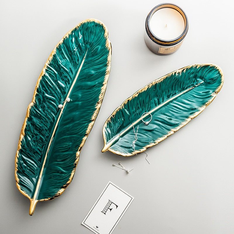 Gold Plating Ceramic Plate Feather Tray Tableware