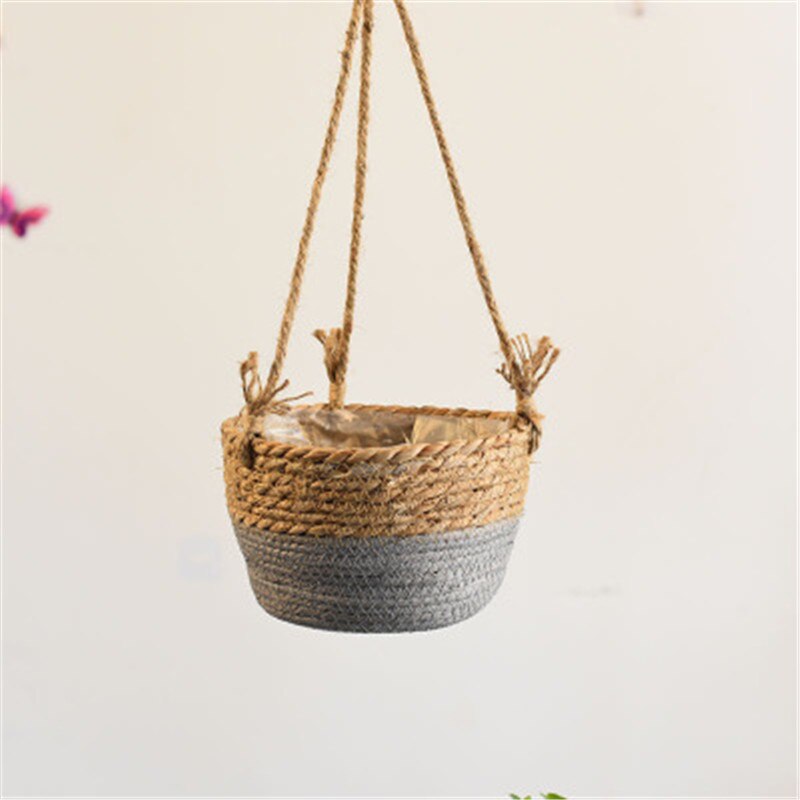 Set of 3 - Straw Flower Pot Hanging Plant Basket Pot