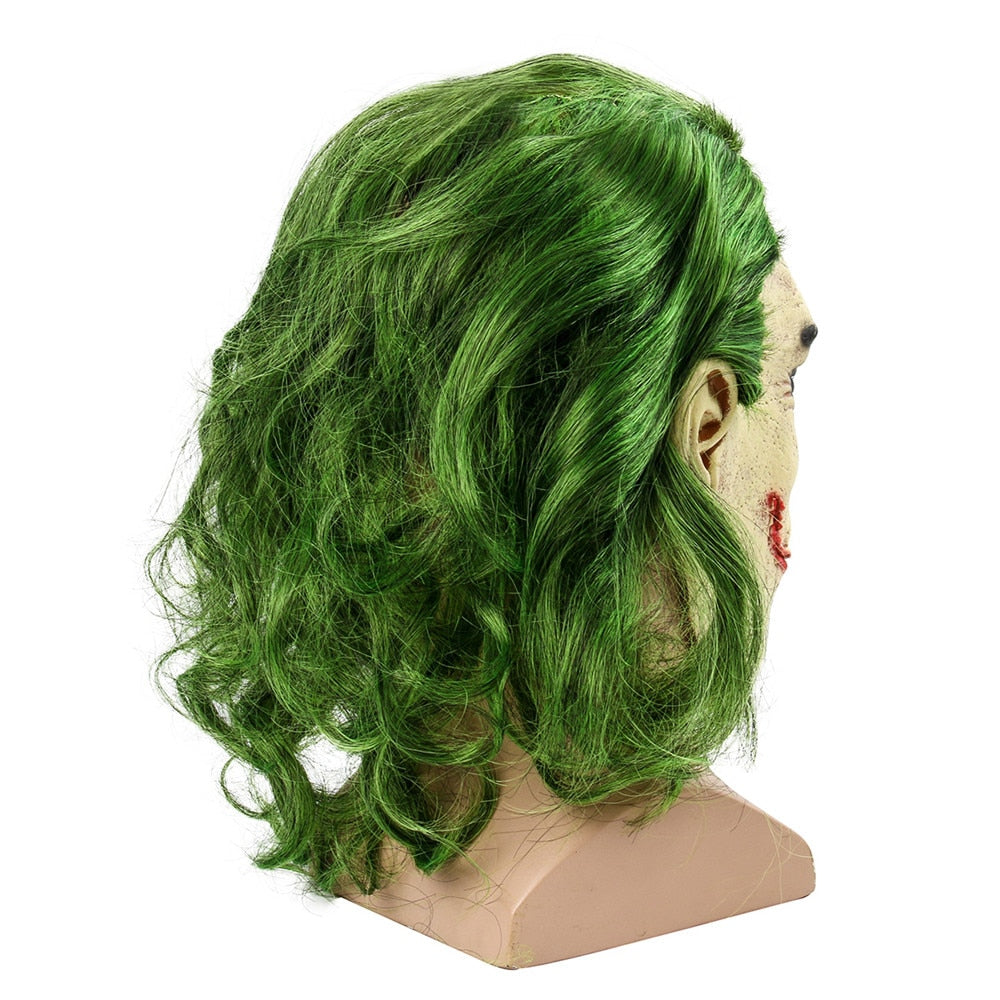Joker Mask Cosplay Horror Scary Clown Mask with Green Hair Wig Halloween Costume
