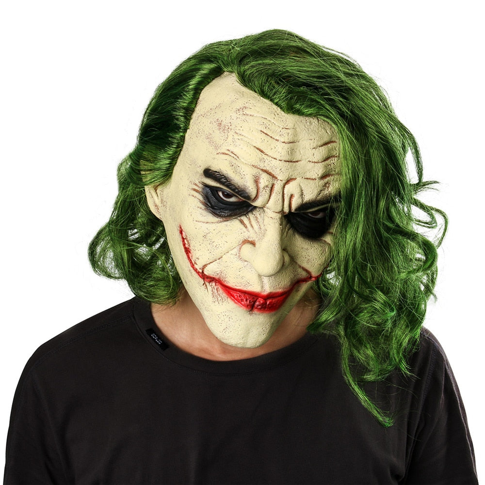 Joker Mask Cosplay Horror Scary Clown Mask with Green Hair Wig Halloween Costume