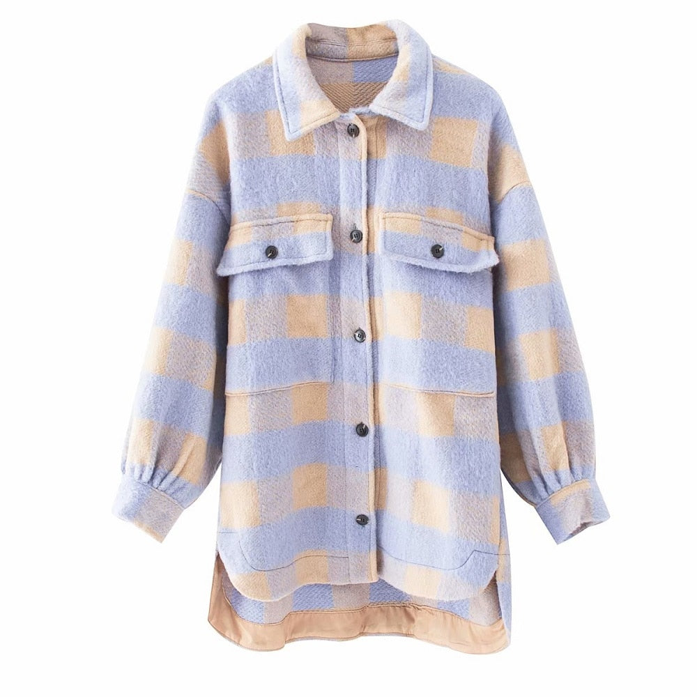 Plaid Woolen Shirt Jackets Women Fashion Pockets Turn-down