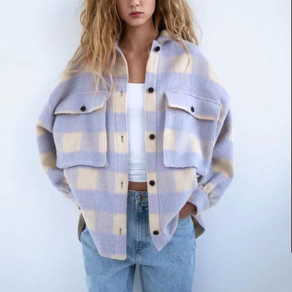 Plaid Woolen Shirt Jackets Women Fashion Pockets Turn-down