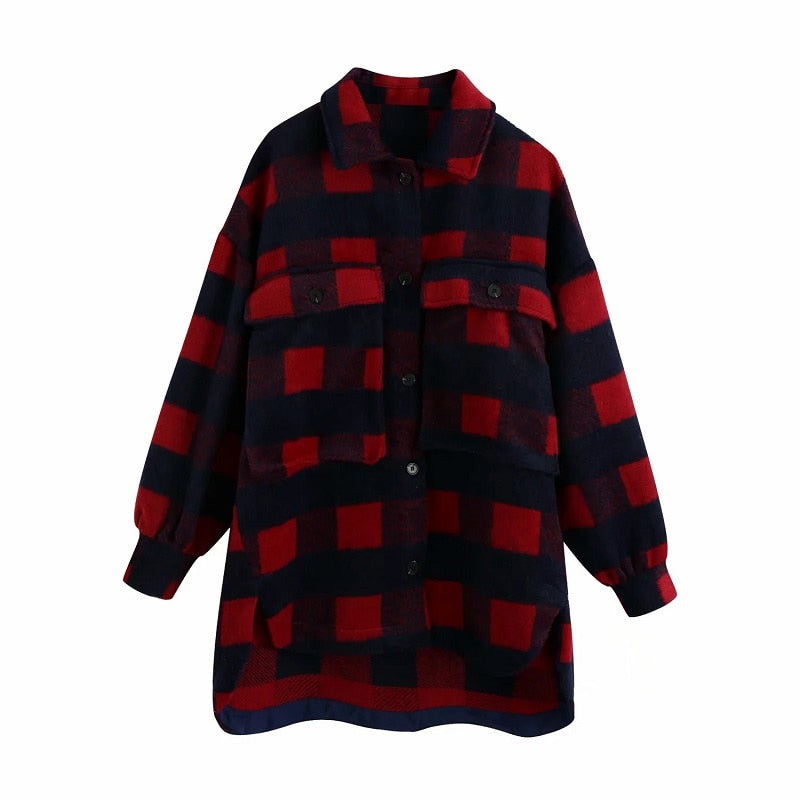 Plaid Woolen Shirt Jackets Women Fashion Pockets Turn-down