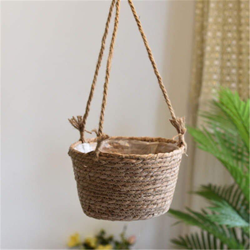 Set of 3 - Straw Flower Pot Hanging Plant Basket Pot