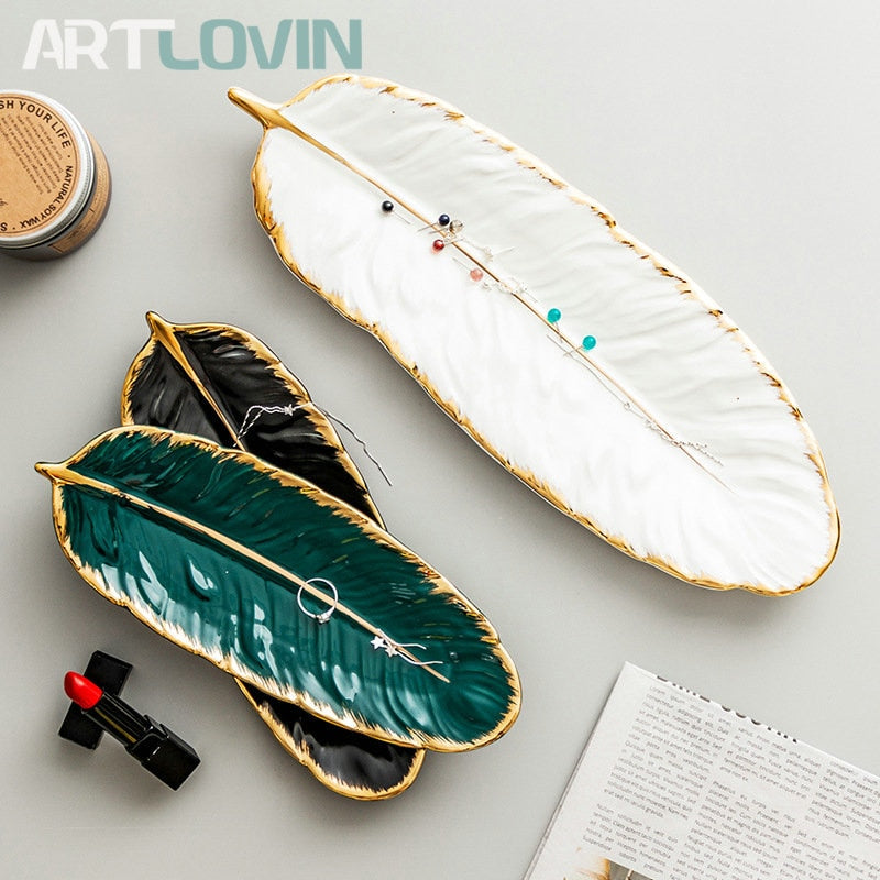 Gold Plating Ceramic Plate Feather Tray Tableware