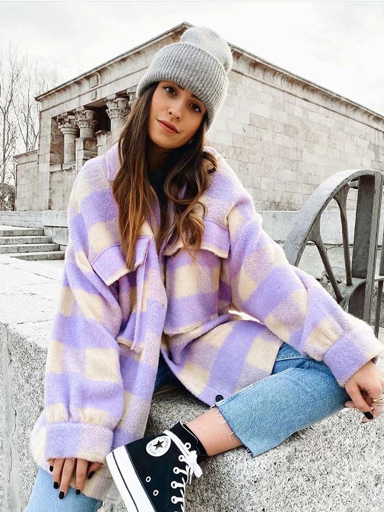 Plaid Woolen Shirt Jackets Women Fashion Pockets Turn-down