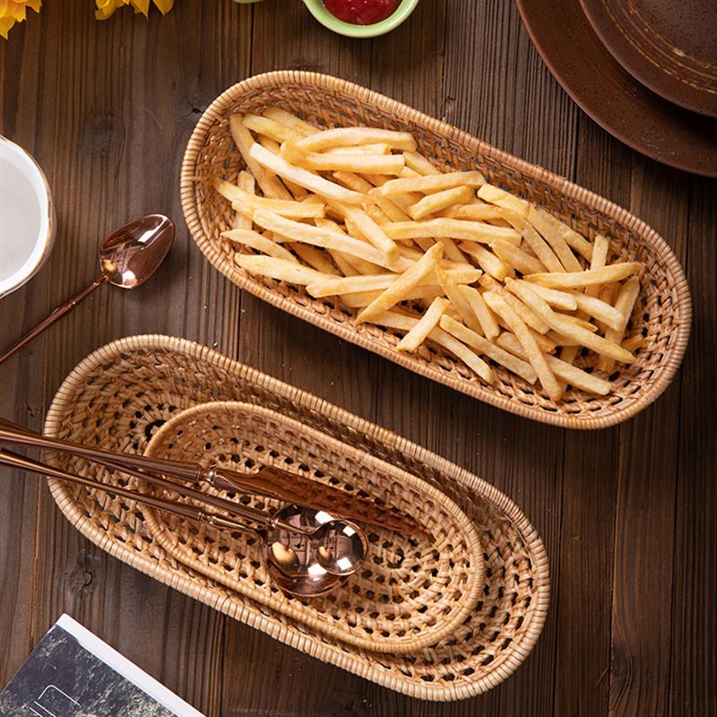Set of 2 Hand-Woven Wicker Basket Rattan Storage Tray