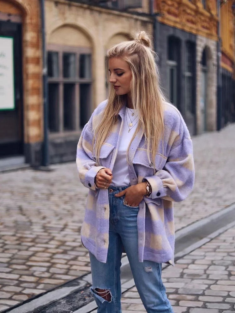 Plaid Woolen Shirt Jackets Women Fashion Pockets Turn-down