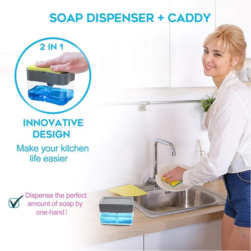 2 in 1 Sponge Box With Soap Dispenser Push Type Liquid Dish Brush