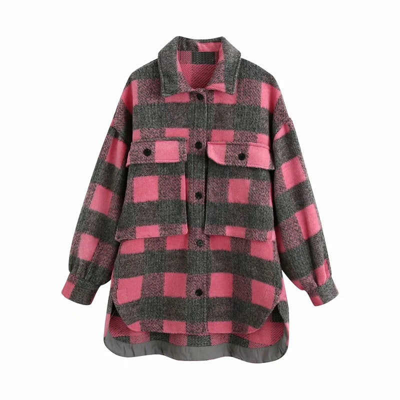 Plaid Woolen Shirt Jackets Women Fashion Pockets Turn-down