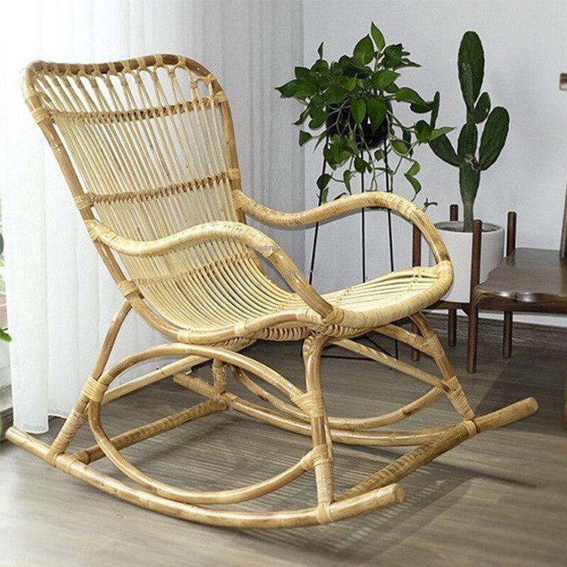 Real Rattan Chair Balcony Leisure Lounge Rocking Chair and Stool