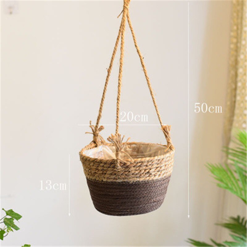 Set of 3 - Straw Flower Pot Hanging Plant Basket Pot
