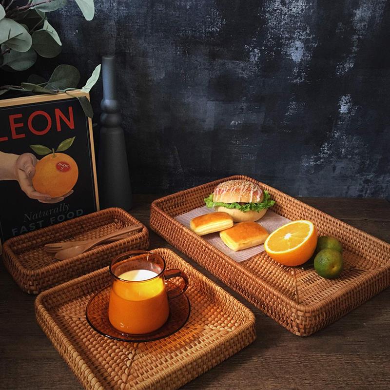 Set of 3 Rattan Woven Baskets Decorative Bread Fruit Food Display Box