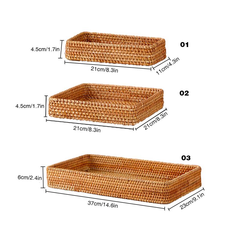 Set of 3 Rattan Woven Baskets Decorative Bread Fruit Food Display Box