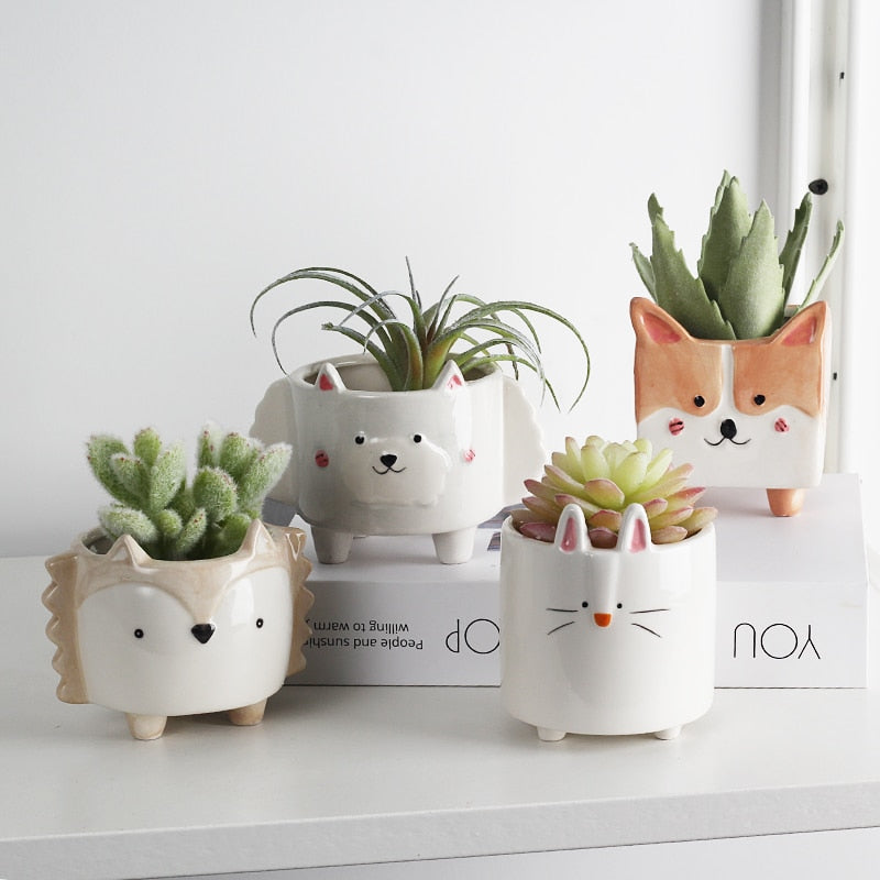 Set of 4 Ceramic Flower Pot Cartoon Animal Plant Pot Balcony Decorations
