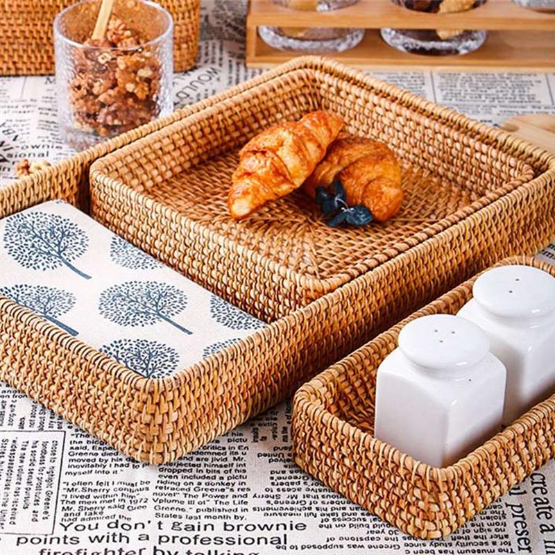 Set of 3 Rattan Woven Baskets Decorative Bread Fruit Food Display Box