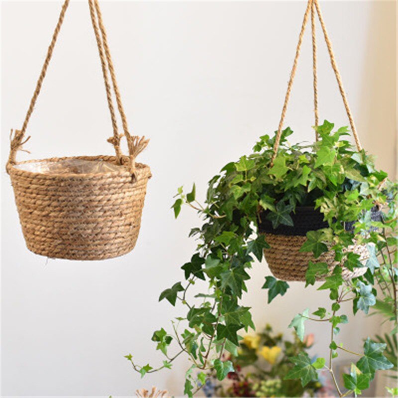 Set of 3 - Straw Flower Pot Hanging Plant Basket Pot