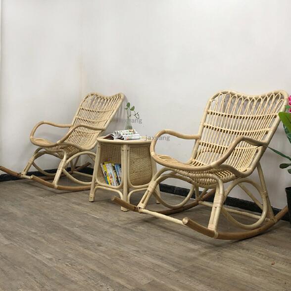 Real Rattan Chair Balcony Leisure Lounge Rocking Chair and Stool