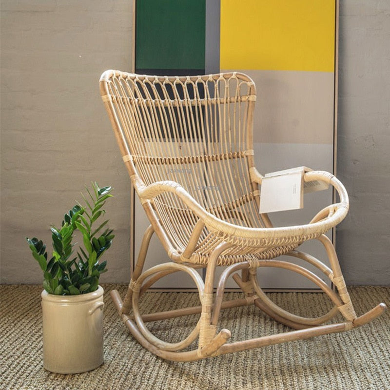 Real Rattan Chair Balcony Leisure Lounge Rocking Chair and Stool
