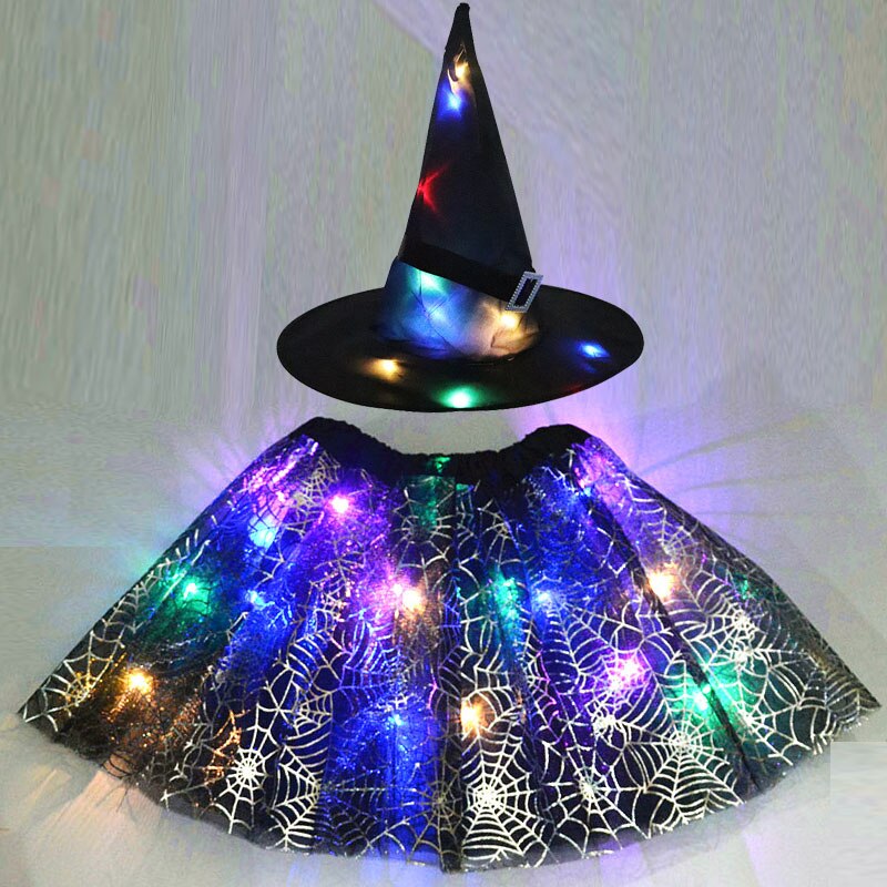 LED Glowing Lights Witch Hat With Skirt Halloween Costume for Kids