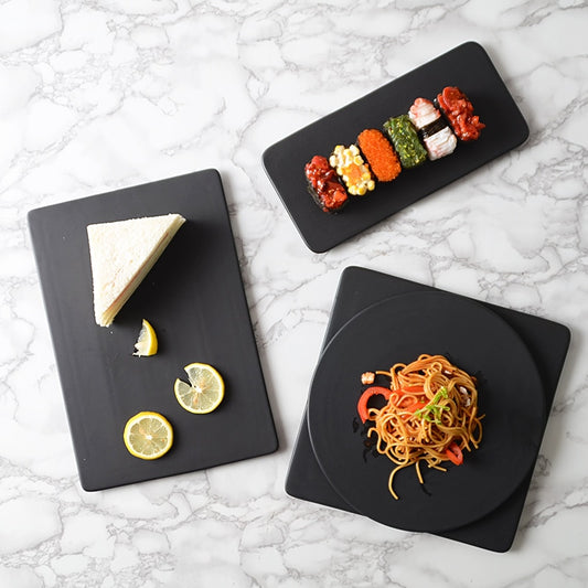 Matte Black Rectangle Round Ceramic Dinner Tray Plate Set