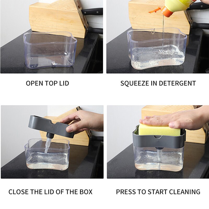 2 in 1 Sponge Box With Soap Dispenser Push Type Liquid Dish Brush