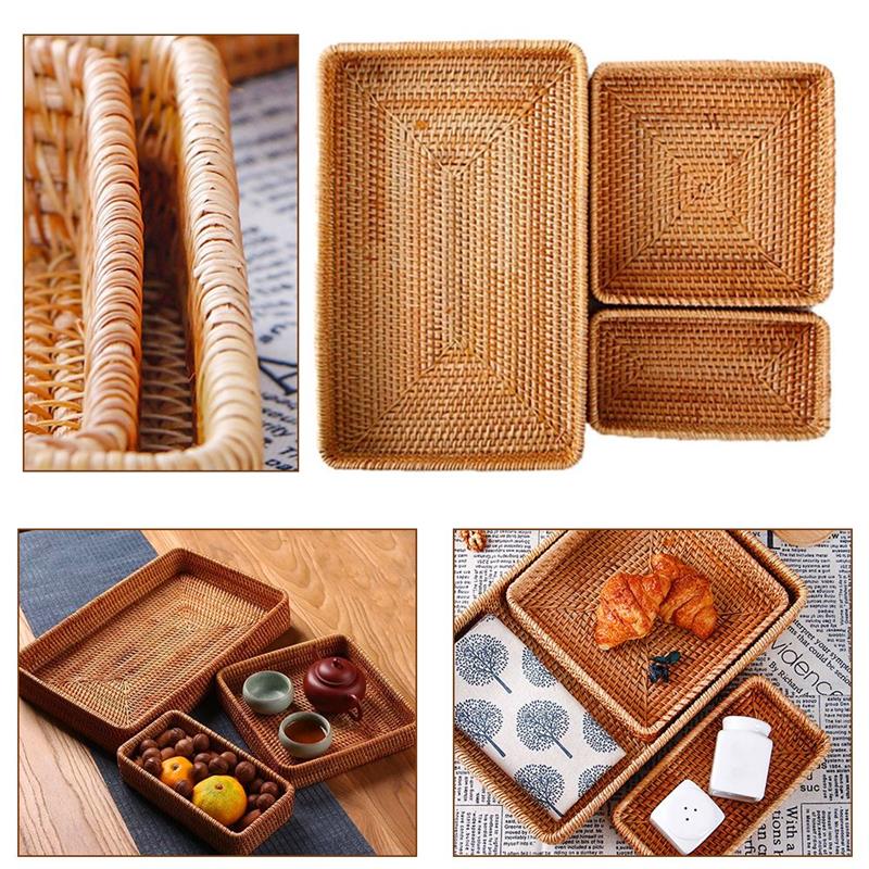Set of 3 Rattan Woven Baskets Decorative Bread Fruit Food Display Box