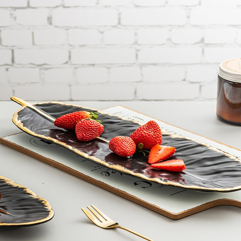 Gold Plating Ceramic Plate Feather Tray Tableware
