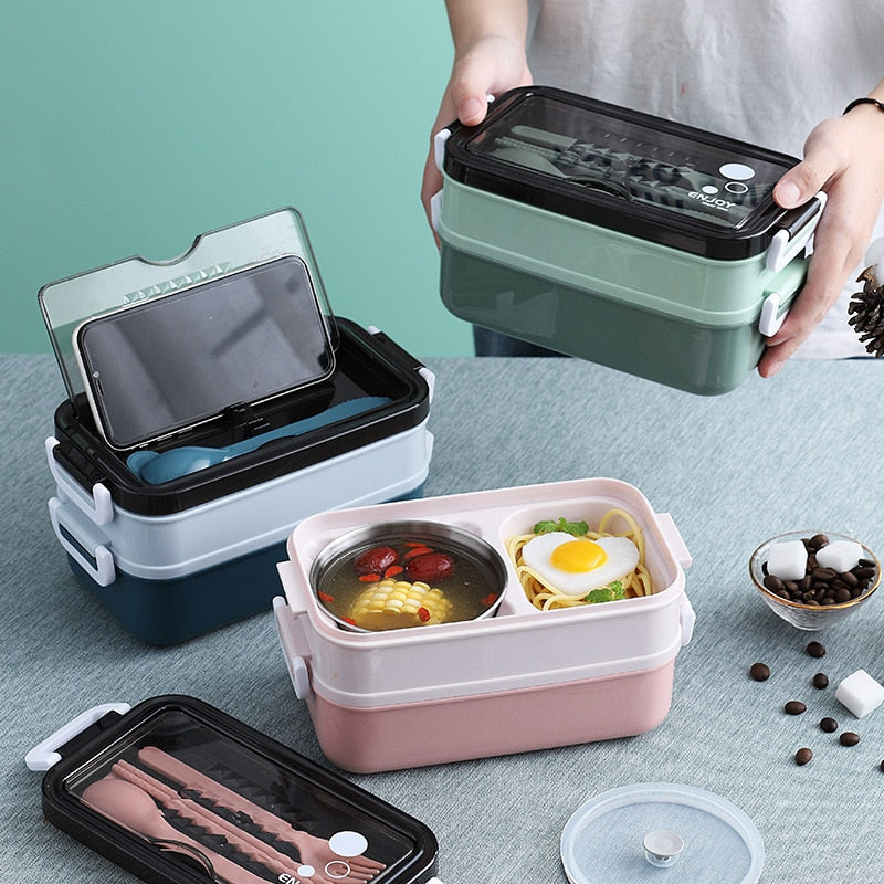 Lunch Box Bento Box for Kids Students Office Double-layer Microwave Heating Container