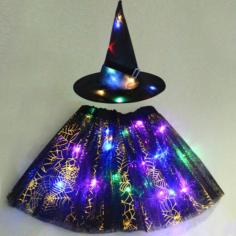 LED Glowing Lights Witch Hat With Skirt Halloween Costume for Kids